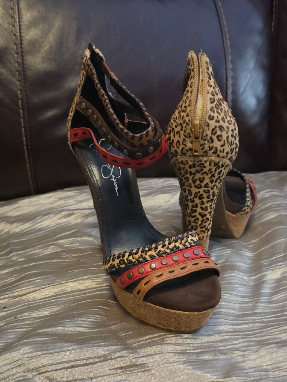 Jessica Simpson Brown Leopard Print & Red Accent Women's Sandals - Picture 4 of 4
